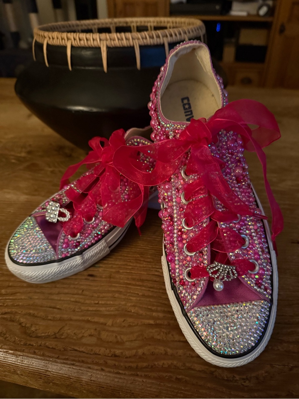 Converse Kids Hot Pink Jeweled Rhinestone Sneakers with Ribbon Laces